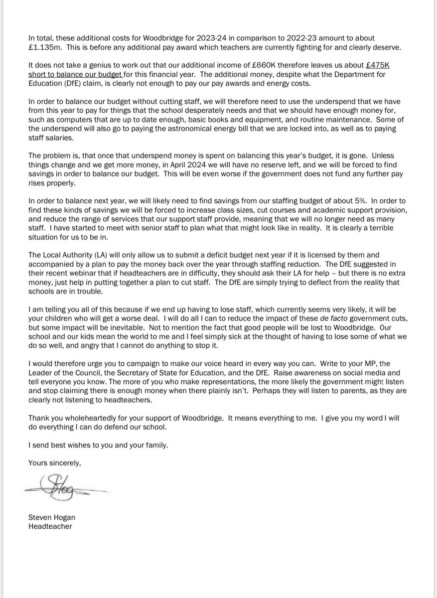 I’ve written to all @woodbrhigh parents today to set out our 2023-24 budget position. It is not good news. I urge all those who love our school to campaign for us. Without more money, I am worried that staffing cuts are coming. Young people, and ultimately society, will suffer.