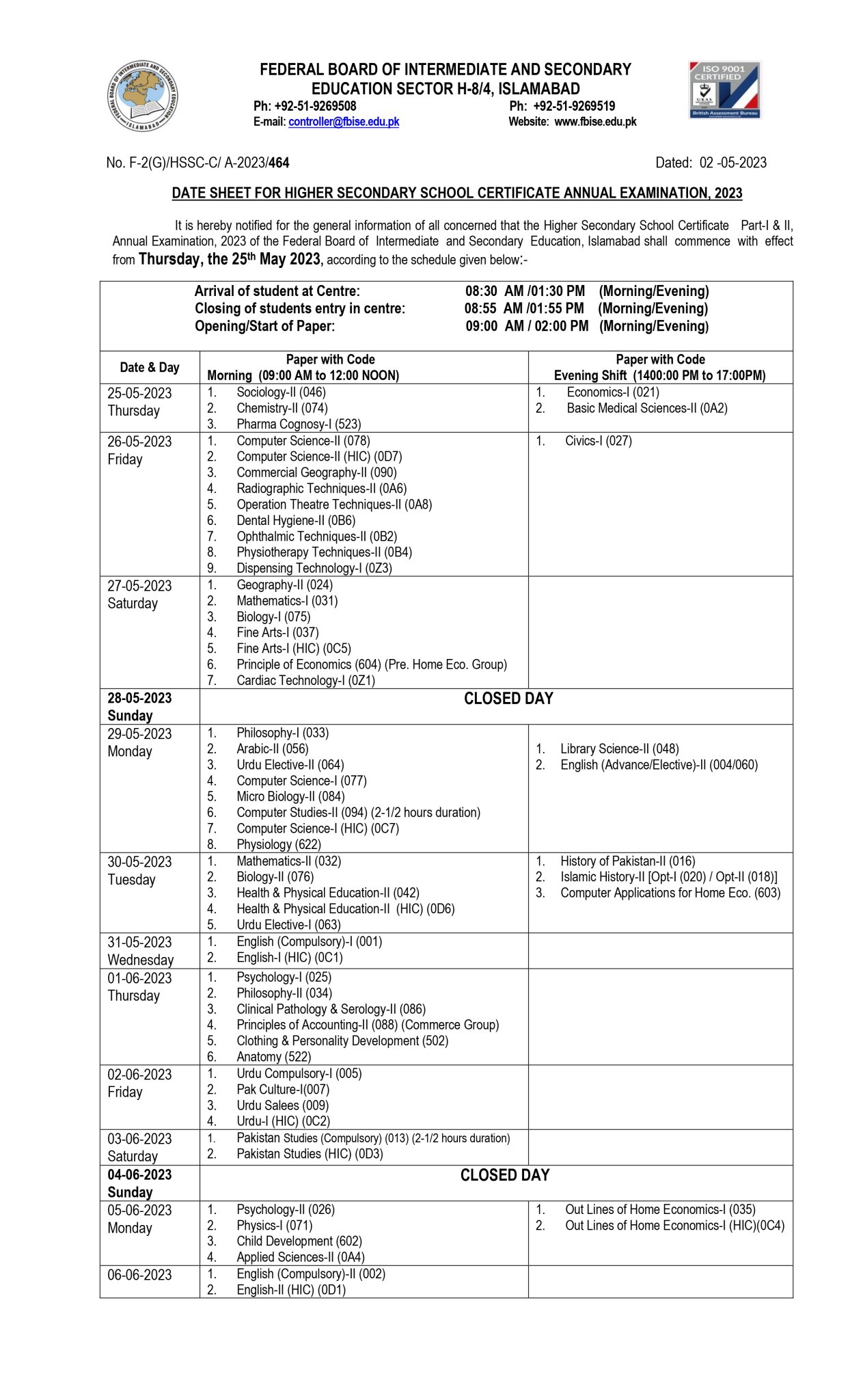 FBISE (Official) on Twitter "DATE SHEET OF HSSC 1ST ANNUAL EXAMS 2023 https//t.co/t2bpYBGCxT
