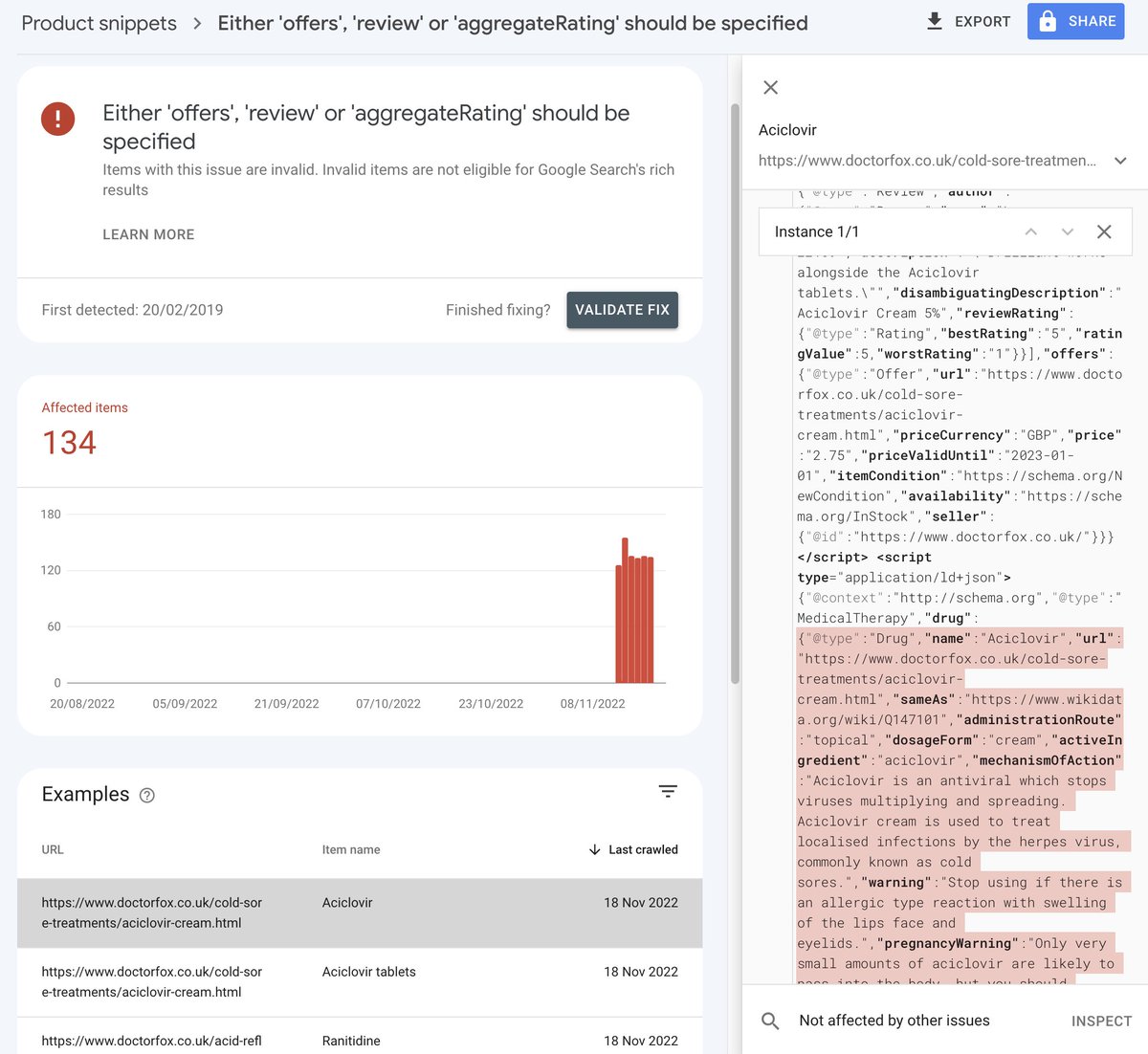 doctorfoxuk's tweet photo. @googlesearchc @mhc_inc GSC 'Shopping' feature - primary structured data markup is 'Product' but item is also a drug so included structured data markup for 'MedicalTherapy' and 'Drug'
Google flagging either 'offers', 'review' or 'aggregateRating' should be specified for 'Drug'? https://t.co/G8My3xVgEN