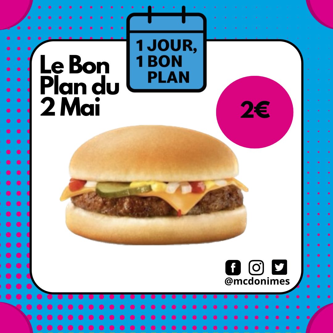 1 Jour 1 Bon Plan ça continue avec l’offre à 2€ pour un Cheeseburger 🍔🤩

#ilovemcdo #1J1BP #cheeseburger #mcdo #nimes #mcdonimes #villeactive #7collines #capcostieres