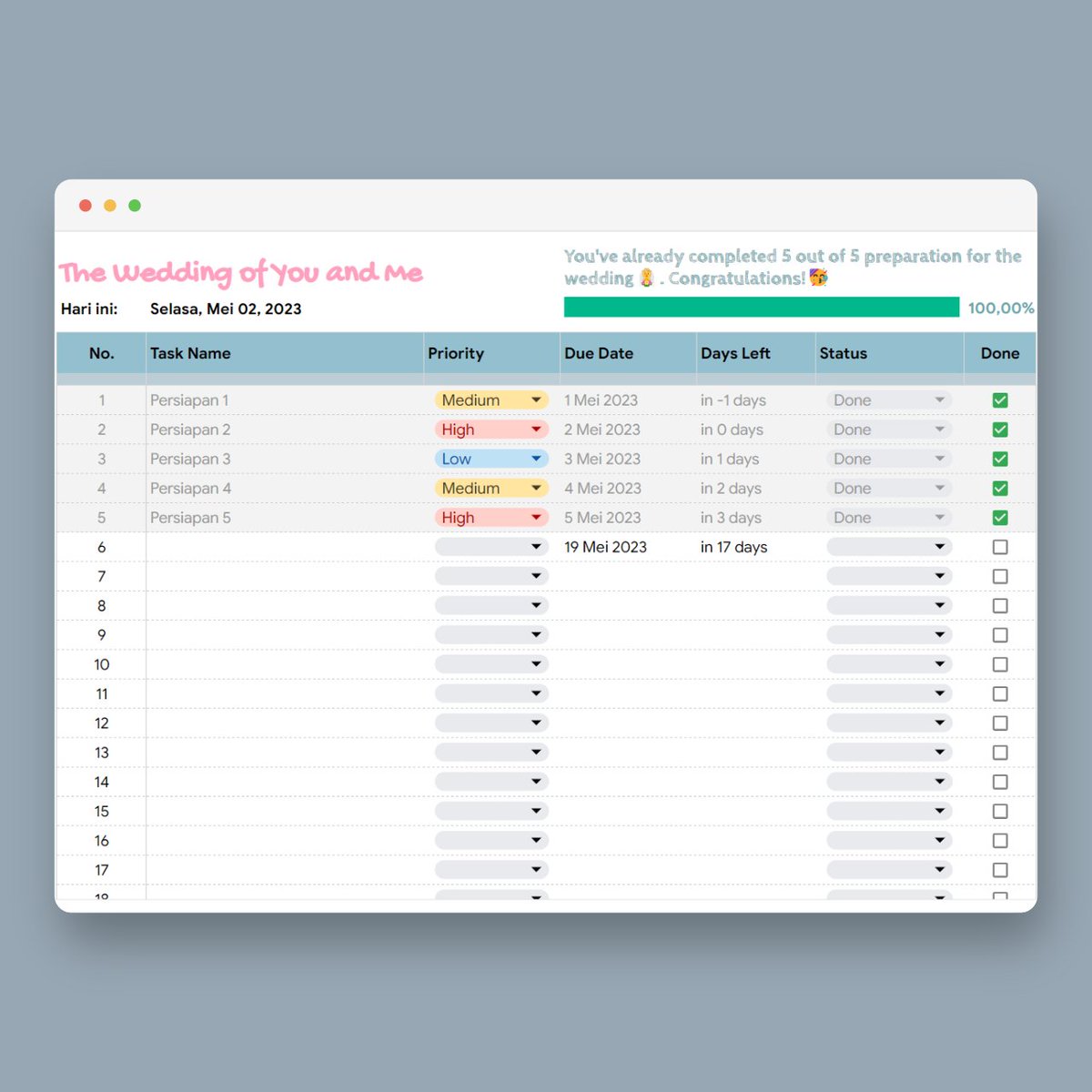 andreqve's tweet photo. Hi gaes, karena wedding preparation aku udah 99% beres, jadi mau share template Google sheet yg dipakai buat mencatat semua persiapan pernikahan.

Baca sampai bawah buat lebih detail, dan bookmark kalau berencana nikah dalam waktu dekat 🥳

⤵️⤵️

Wedding Preparation Template👰 https://t.co/JzUwxAZmfi