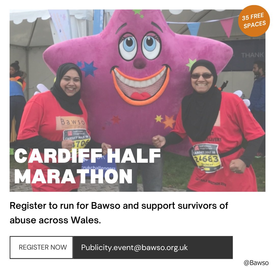 Bawso's tweet photo. Support Bawso and run for us on October 1st to raised funds for victims of domestic abuse and all forms of violence.
Limited spots available, so register now on our website.
Let's make this year's race memorable ! 💪🏽🏃🏽♀️🧡 #Bawso #CardiffHalfMarathon #EndDomesticAbuse https://t.co/HcE5SvMye2