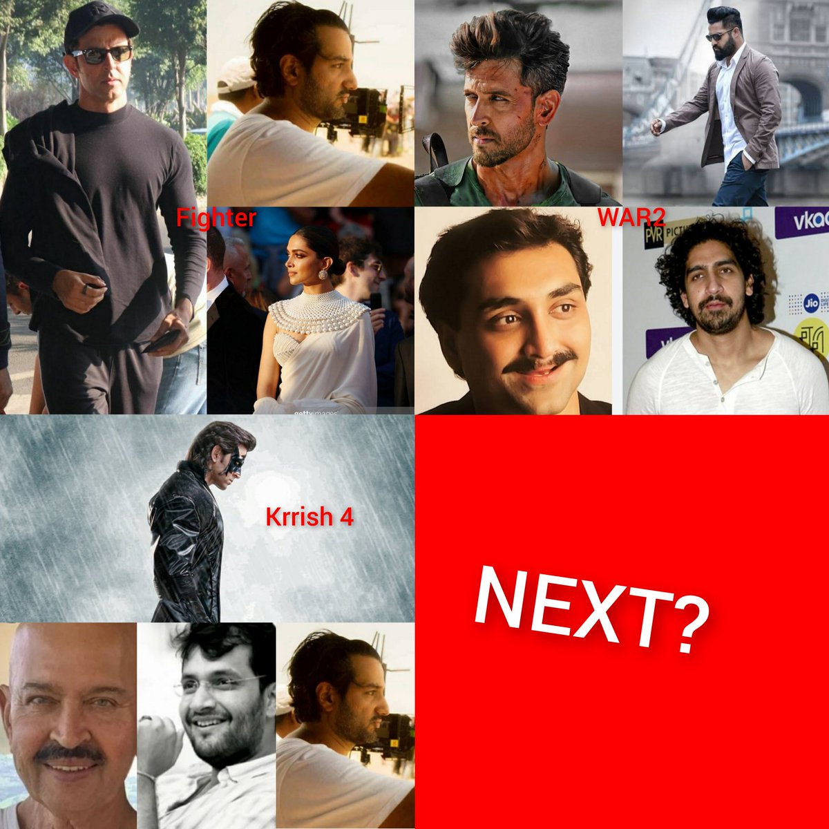 #HrithikRoshan Next project Team
1.#Fighter 💥
#SiddharthAnand(director & producer)
🌟#DeepikaPadukone
2.#WAR2💥
🌟#jnNtr
#AdityaChopra(script &producer)
#AyanMukerji(director)
3.#Krrish4💥 
#RakeshRoshan (script & producer)
#KaranMalhotra (director)
#SiddharthAnand (co-producer)