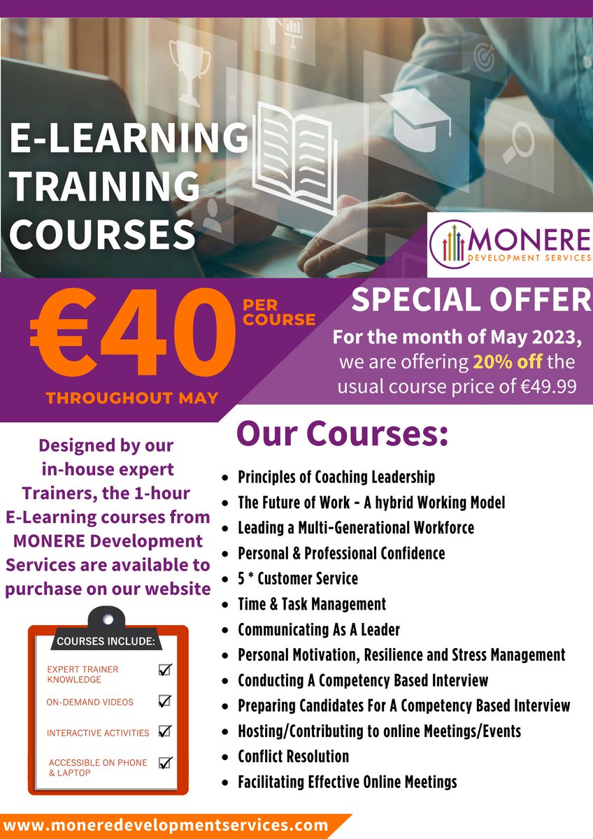 📣Our E-Learning Courses SALE is now live 🖥

We have 13 customised 1-hour courses available, that are effective, interactive and enjoyable, enabling people to upskill and learn in a way that suits them.

Check out our May offer below 👇
moneredevelopmentservices.com/may-sale/