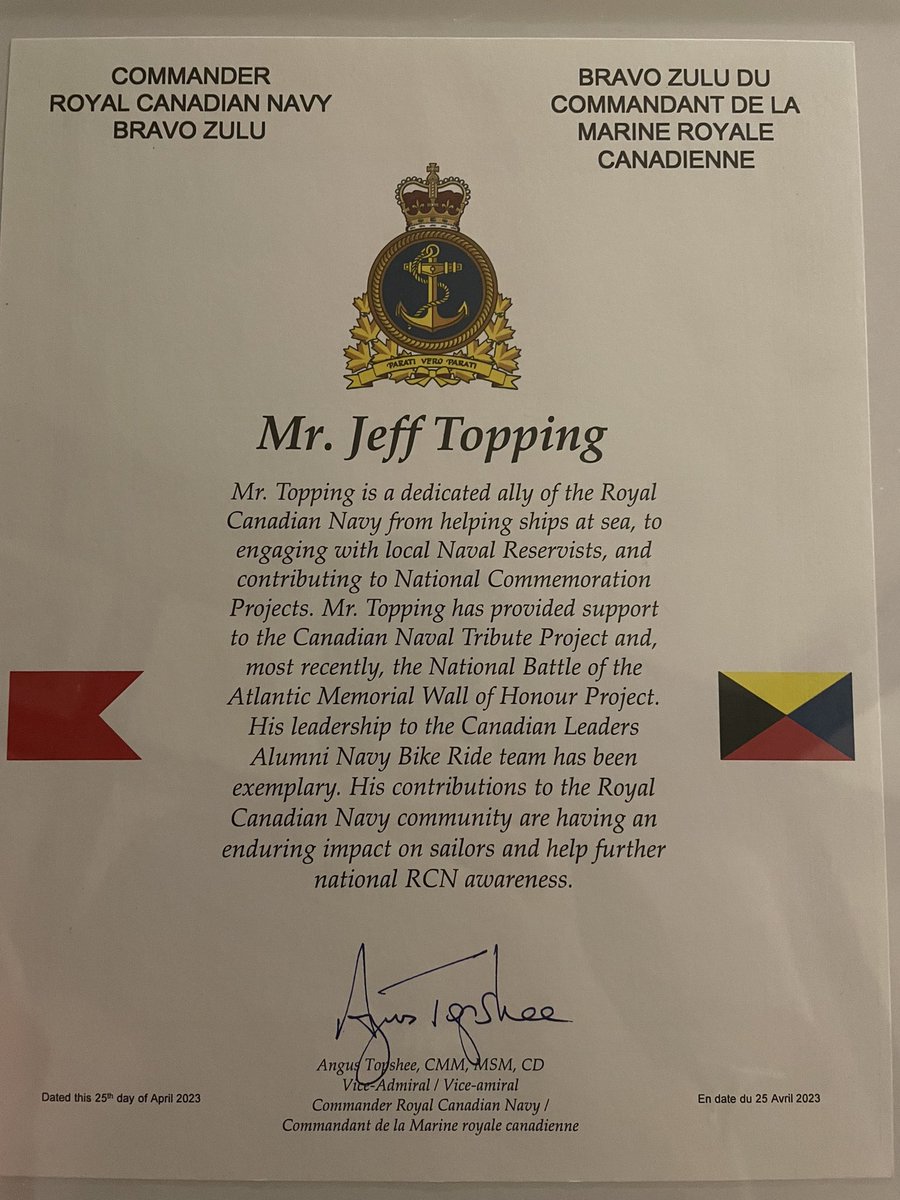 @JeffTopping4 was recognized last evening by the CRCN for his many contributions to the RCN, including his support of the #CNTP 🤩👏🙌 Jeff’s a #1 advocate of #RCNavy and #History #Haida #NavyBikeRide #Memorial #Canada #BravoZulu