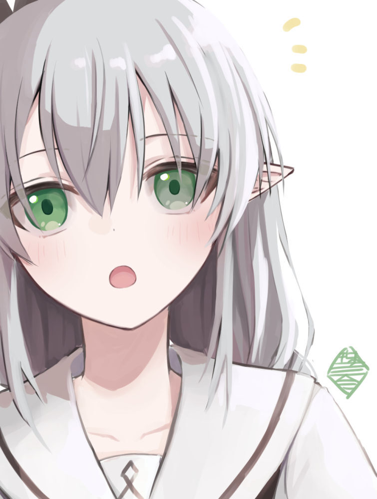 1girl solo green eyes pointy ears white background grey hair white sailor collar  illustration images