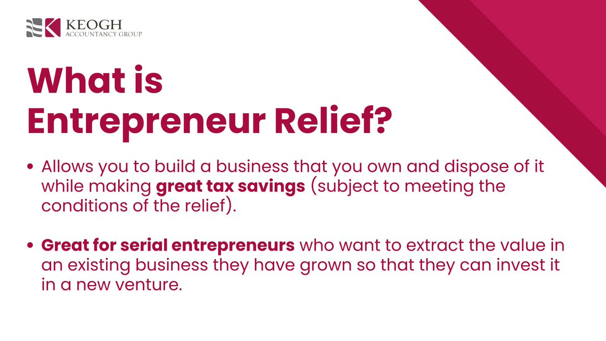 KeoghAccGroup's tweet photo. Have you heard of the Entrepreneur Relief?
This can be a tax-efficient way to extract funds from your business. 

Contact us and we can help you determine your eligibility for this tax relief.

#accounting #entrepreneurs #Ireland  #TaxTwitter https://t.co/wodEJe1UaJ