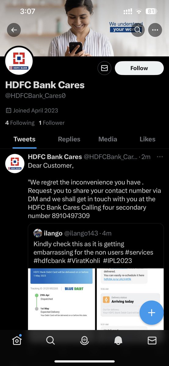 rohit_kishore's tweet photo. @RBI @RBIsays @HDFC_Bank @HDFCBank_Cares @FinMinIndia  just received a reply from this impersonation &amp; fake  account about a query I had raised. I think this can cause heavy financial losses to unaware customers. Please take action. https://t.co/Hyda1PAKT8