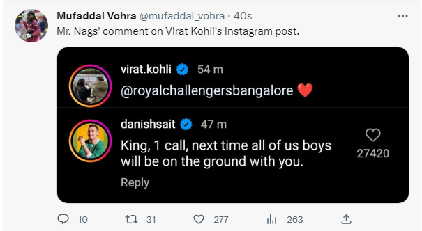 Shahrcasm's tweet photo. Mufa's Tweet about Mr. Nags' comment on Virat Kohli's Instagram post. https://t.co/48yA9eB7NF