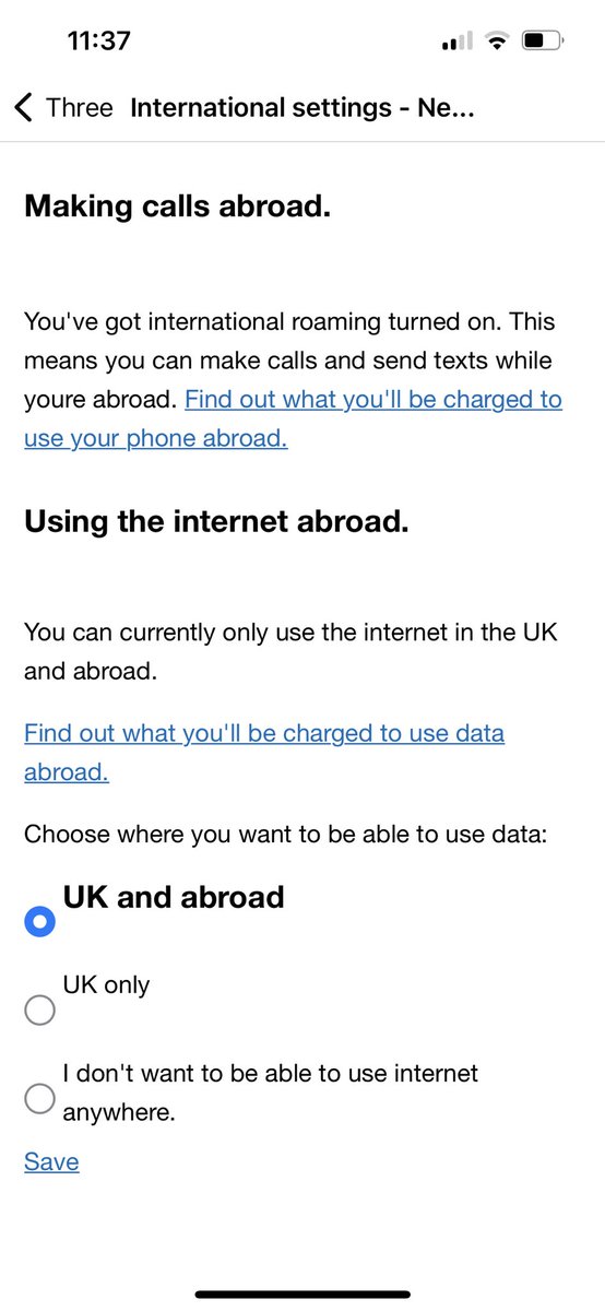 iamhelz's tweet photo. @ThreeUKSupport Yep! International roaming is on. I even clicked to confirm to not set a spend limit so I can be billed the £2 per day, but it doesn’t seem to be working. 5G is on auto, I tried switching that to just 4G, but didn’t make a difference? https://t.co/9frXCin5kj