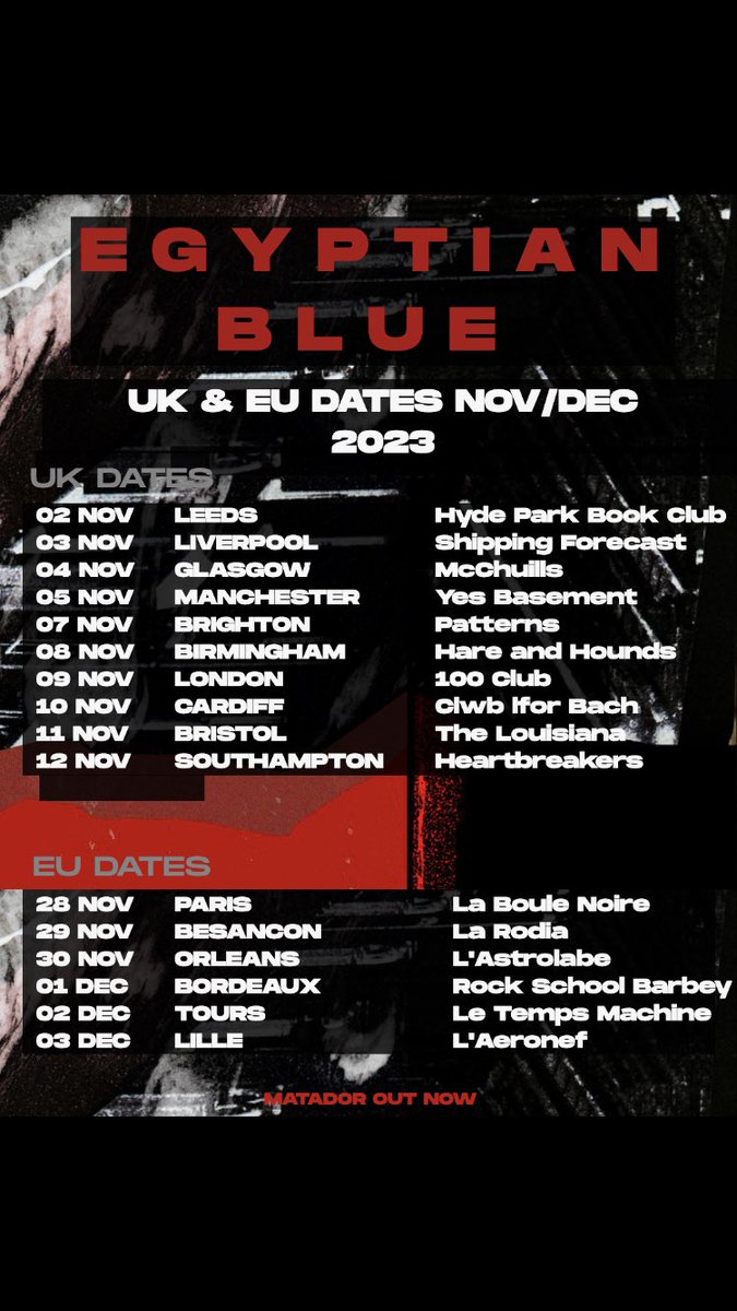EGYPTIAN BLUE (@egyptianblueinc) on Twitter photo Our new single ‘Matador’ is out now on <a href="/yalarecords/">YALA! RECORDS</a>
We’ve also added new tour dates for the UK & France!
All links to music and tickets available in our bio.
EB Our new single ‘Matador’ is out now on <a href="/yalarecords/">YALA! RECORDS</a>
We’ve also added new tour dates for the UK & France!
All links to music and tickets available in our bio.
EB