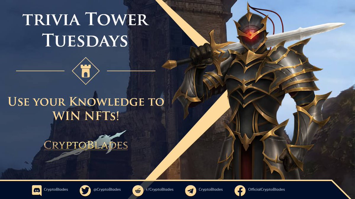 CryptoBlades's tweet photo. 🗼Test your knowledge against others by answering questions on the #CryptoBlades Trivia Tower Tuesday! 

🕗 Today at 8PM PHT | 8AM EST

🏅 Show them who's best and be the champion!

🎁 https://t.co/6M3Rqirtgw https://t.co/JIudvu4Vbl
