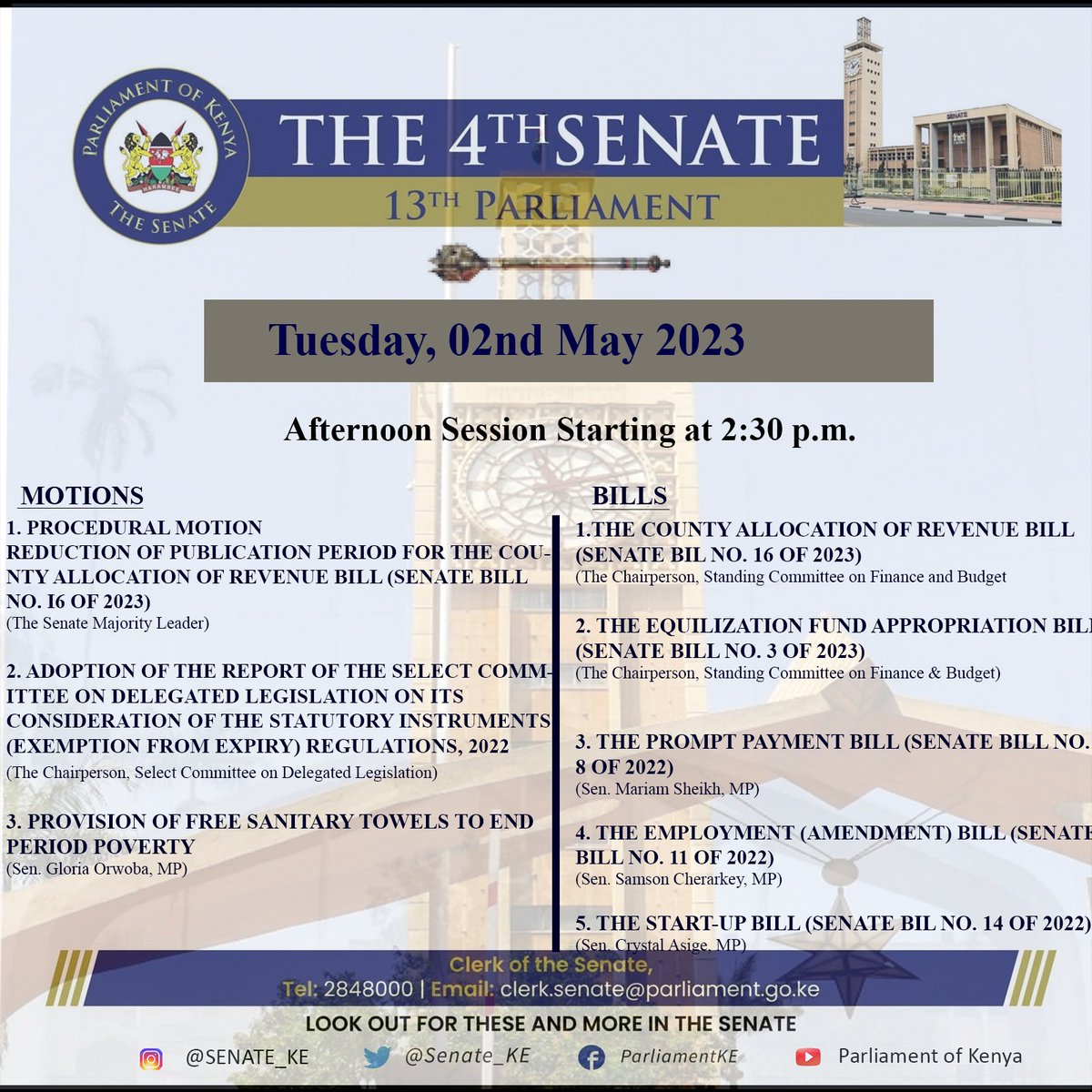 Senate_KE's tweet photo. The Senate will have a sitting today afternoon at 2.30pm in the Senate Chamber, Parliament Buildings. Follow the link for a detailed Order Paper #SenateLive #2ndSession #4thSenate #13thParliament https://t.co/VIT4GmzKvZ https://t.co/cuqvd9aNeI