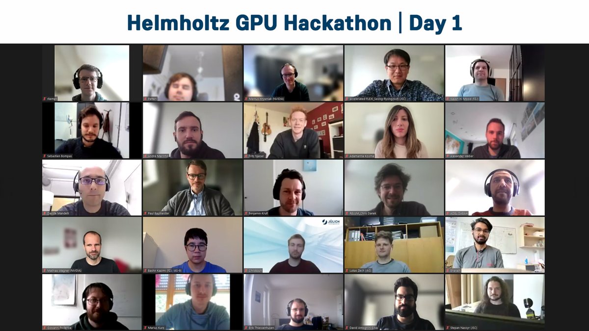 fzj_jsc's tweet photo. Welcome to Day 1 of the Helmholtz GPU Hackathon! More than 70 participants join us in this virtual first day to improve the GPU performance of their scientific applications. Days 2-4 will be in-person next week on the @fz_juelich campus @HIDAdigital @HZDR_Dresden #OpenHackathons https://t.co/3e5dPplh2Y