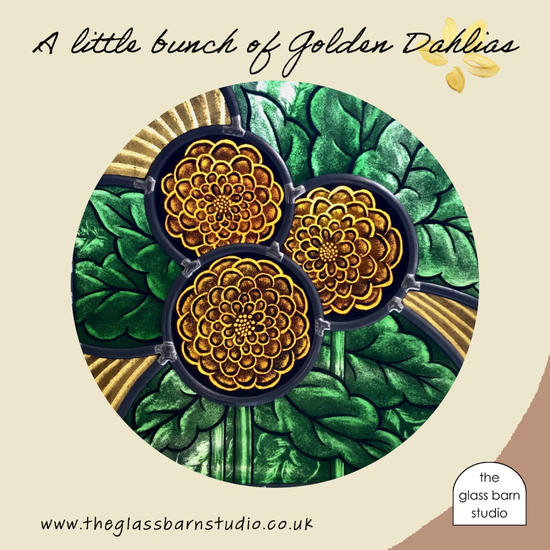 'Golden Dahlias' - Stained Glass Panel (Detail)
Some detail of another painted panel. Painted and fired using traditional techniques. A little bit of sunshine on a day that has been a little grey in our part of the world.