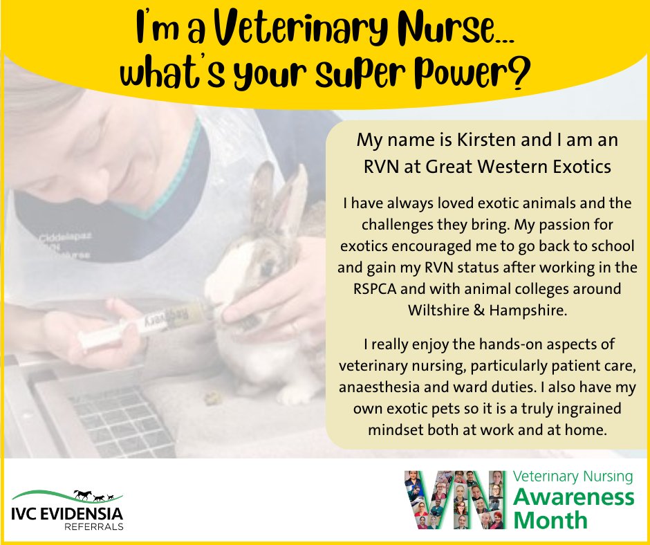 I'm a Veterinary Nurse...what's your superpower? This is Kirsten, an RVN at Great Western Exotics. It is great to be able to offer a nursing career with exotic pets. #VNAM2023 #WhatVetNursesDo #IVCEvidensia #VeterinaryCareers #GreatWesternExotics