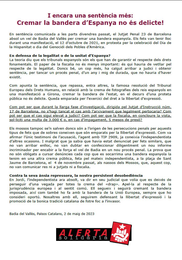 AlertaSolidaria's tweet photo. 🔥🇪🇸🔥I encara una sentència més: cremar la bandera d'Espanya no és delicte!

🏛️Un jutjat de Barcelona absol un independentista de Badia del Vallès perquè l'empara la llibertat d'expressió

👉Jutges, fiscals i mossos, deixeu de perseguir la crema de la vostra fastigosa bandera! https://t.co/I5eN27f29C