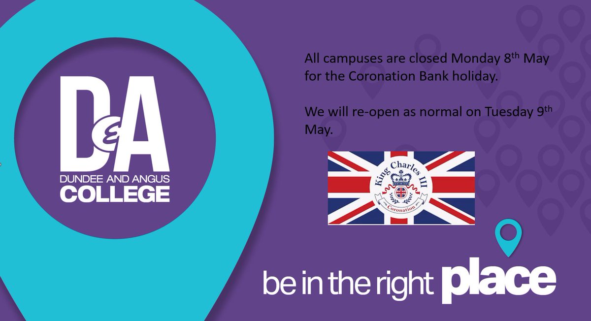 DAHeretoHelp's tweet image. Our campuses will be closed on Monday 8th May for the Coronation bank holiday. We will be open as normal on Tuesday 9th May. 👑