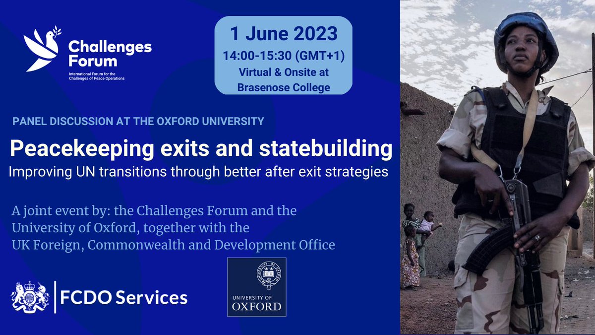 aruggeri_eu's tweet photo. Please put the date and time on your agenda:

Panel discussion on

"Peacekeeping exists and statebuilding" 

2 pm, 1  June 2023
Amersi Room , Brasenose College, Oxford 
More details soon
@Politics_Oxford  @ChallengesForum @UniofOxford https://t.co/r7CtjryHLw