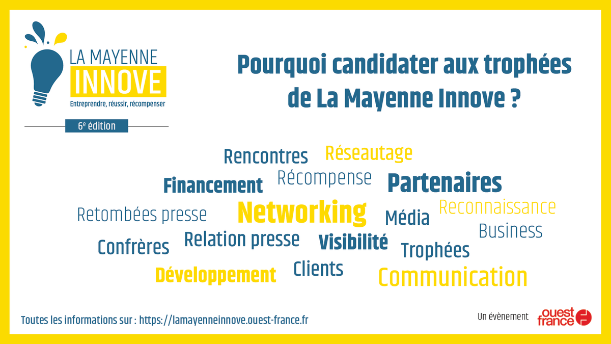 Entreprises mayennaises, vous avez jusqu'au 12 mai pour candidater à La Mayenne innove ! 
Faites connaître votre innovation et bénéficiez de la notoriété pour votre entreprise !
<a href="/OuestFrance53/">Ouest-France 53</a> 
👉lamayenneinnove.ouest-france.fr/edition-2023/#…