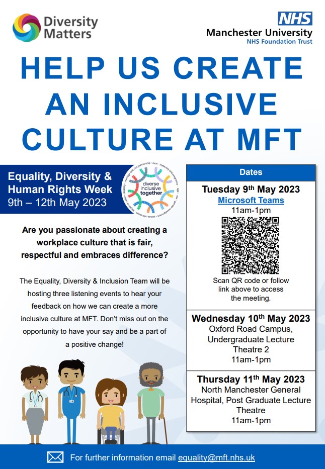 ✏️ Date for your diary next week!
Equality, Diversity &amp; Inclusion Team will be hosting listening events for <a href="/mftnhs/">MFT NHS</a> to create a more inclusive culture.
Any queries, please email equality@mft.nhs.uk