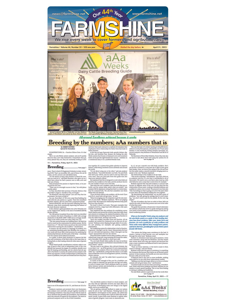 Very nice article by Sherry Bunting in FarmShine Magazine covering February’s aAa Social in Schaefferstown, PA put on by analyzers Amy Bickham and Bill Ile - featuring The Brantner Family of Show-Mar Holsteins. 

farmshine.net/fso/04-21-23/i…