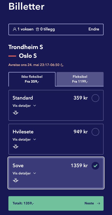 bonka's tweet image. Forvirrende app-flyt på @vygruppen: Ønsket sovekupé, men kun liggestol var tilgjengelig… så hvorfor var det da tilgjengelig på @Entur_AS ? 🧐 Svar: Vy synes det er logisk at man først velger setetype, og *deretter* velger om man heller vil ha sovekupé. 😵‍💫 #badUX