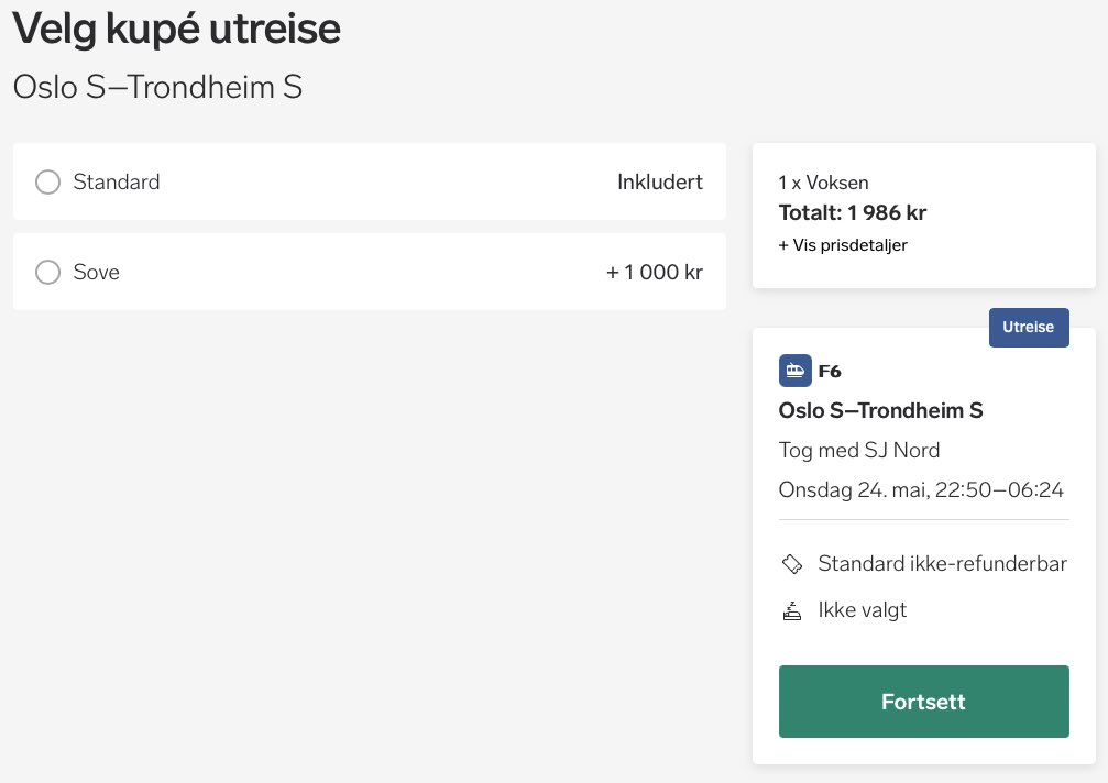 bonka's tweet image. Forvirrende app-flyt på @vygruppen: Ønsket sovekupé, men kun liggestol var tilgjengelig… så hvorfor var det da tilgjengelig på @Entur_AS ? 🧐 Svar: Vy synes det er logisk at man først velger setetype, og *deretter* velger om man heller vil ha sovekupé. 😵‍💫 #badUX
