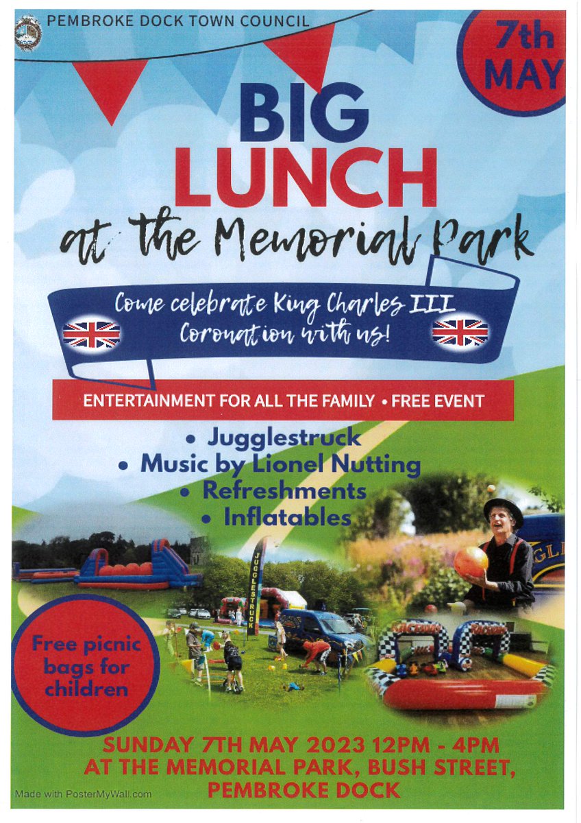 Big Lunch in Pembroke Dock Memorial Park 7th May 2023 12pm - 4pm to commemorate the Kings Coronation.
#LonglivetheKing