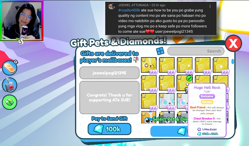 ladysueee's tweet photo. Congrats! Another winner ng Huge pet! To join giveaways, make sure naka-subscribe kayo sa Youtube Channel: 
https://t.co/tSQg6lQjJt

#PetSimulatorX #petsimx https://t.co/LpXPK8P0hk