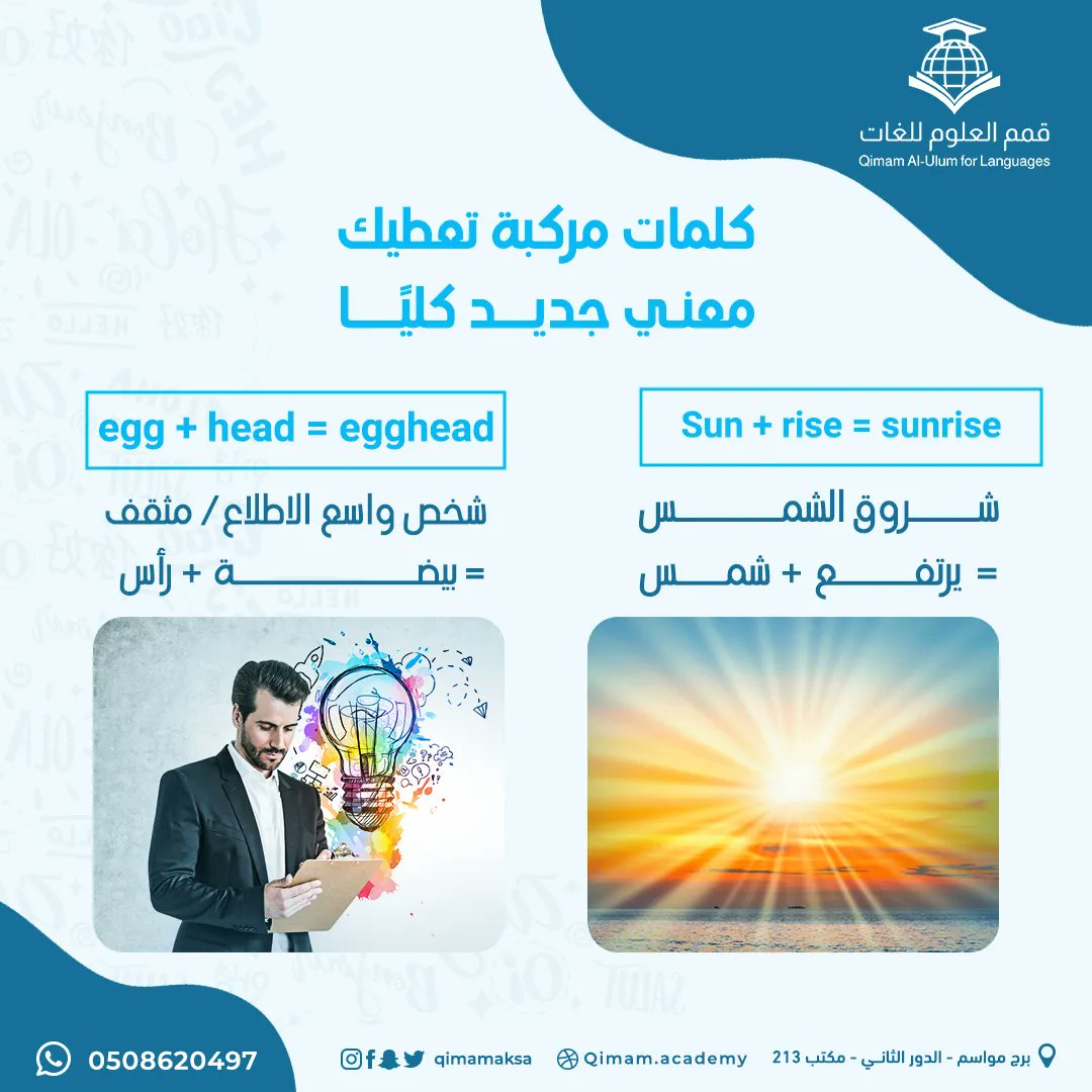 qimamaksa's tweet photo. "كلمات لن تستطيع نسيانها
كلمات مركبة تعطيك معني جديد كليًا 🧐
هل ترغب بمعرفة المزيد؟" 

#قمم_العلوم_للغات
#اللغة_الانجليزية
#languagelearning
#English https://t.co/JcXSPIP9VX