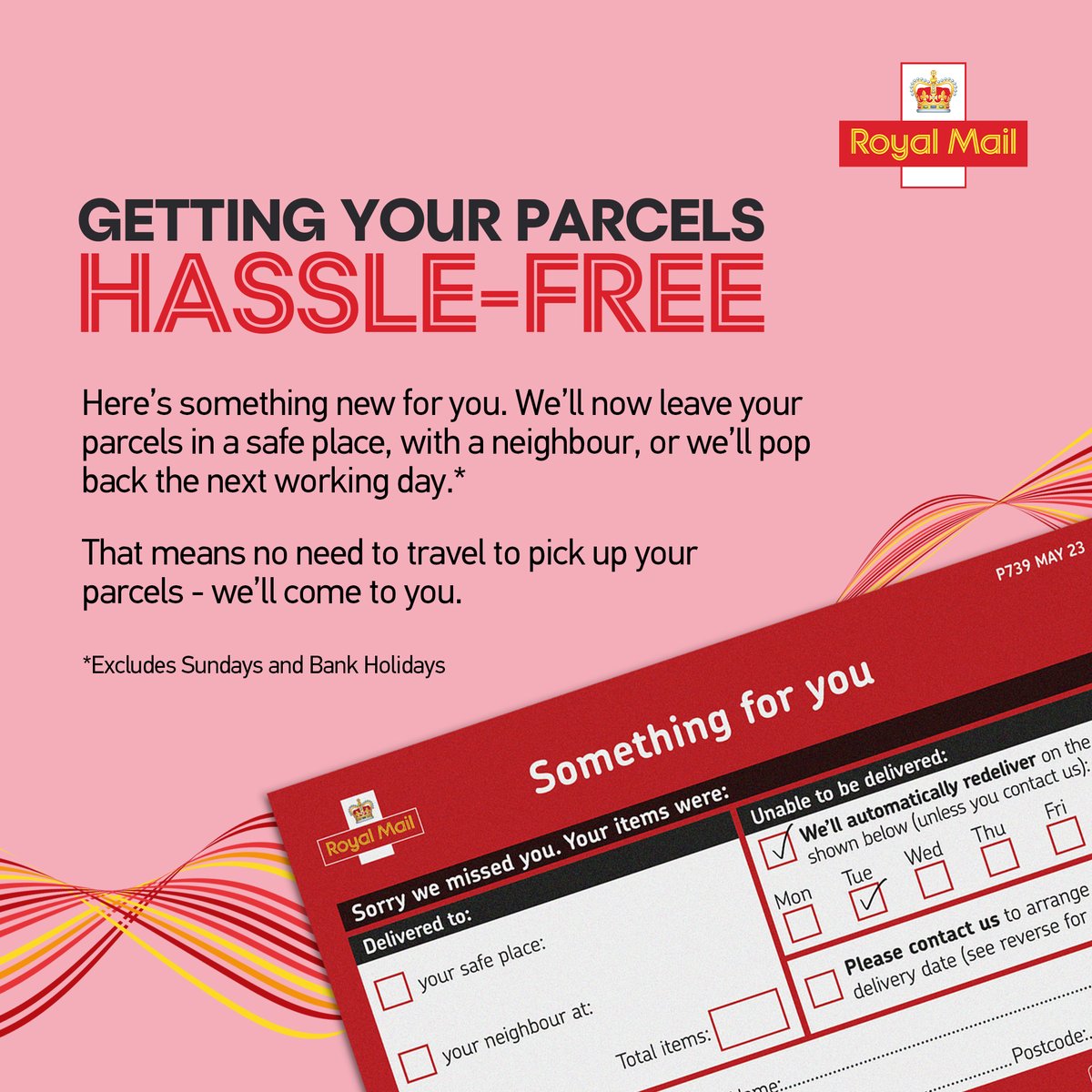 From today (2 May 2023), if you're not home and your parcels won't fit through the letterbox, or need a signature, posties will automatically redeliver the next working day.

Find out more at: ms.spr.ly/6018gRoLK