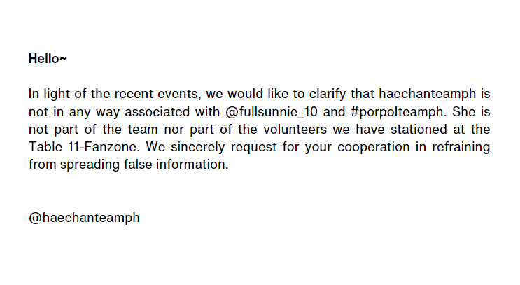 Hello~ In light of the recent events, we would like to clarify that haechanteamph is not in any way associated with <a href="/fullsunnie_10/">purplesunnie 🌻</a> and #porpolteamph.