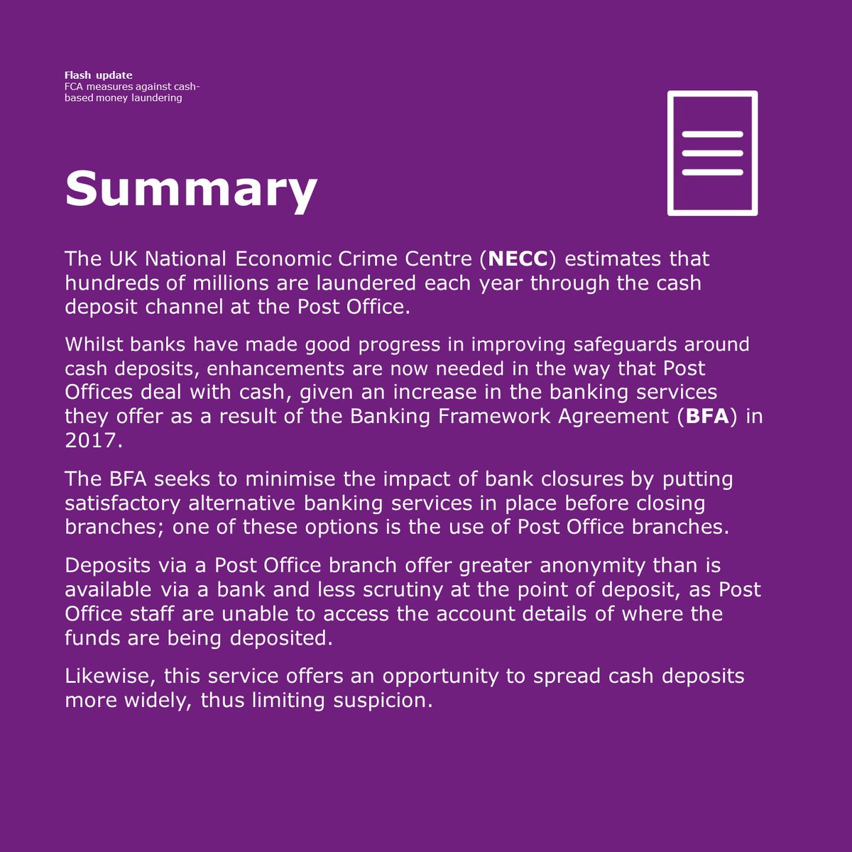 ESfinanciallaw's tweet image. In our latest #FlashUpdate we discuss the FCA measures designed to reduce the risk of cash-based money laundering via the cash deposit channel at the Post Office.
#FinancialServices