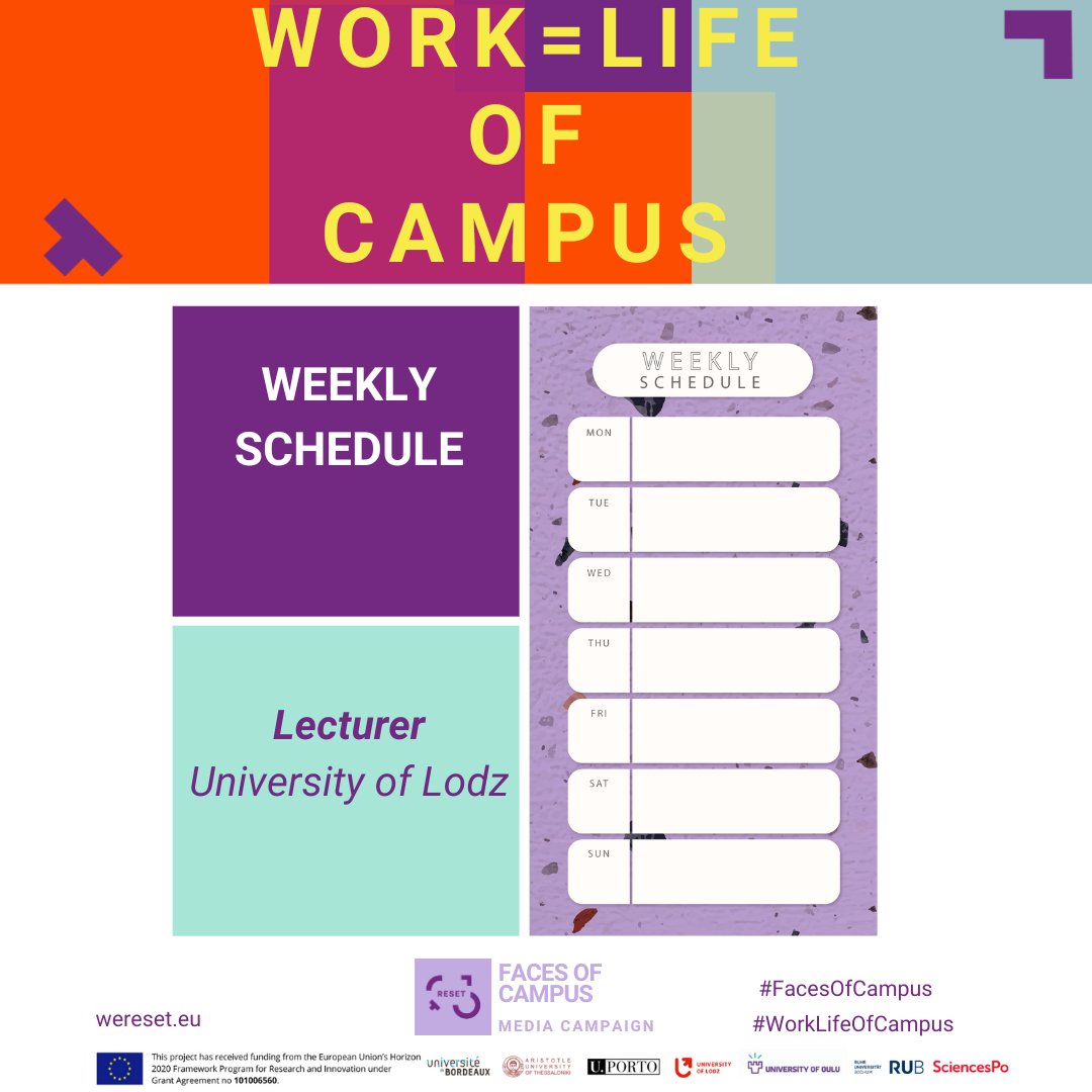 Reset_EUproject's tweet photo. #WorkLifeOfCampus
📷What do typical weekdays look like for scientific employees with care responsibilities?  With the Weekly Schedules, employees at RESET universities give us an answer to these questions. Here, for instance, a lecturer from Uni Lodz. 
 📢https://t.co/WGX2S0gFIf https://t.co/Xkhj5c4pHd