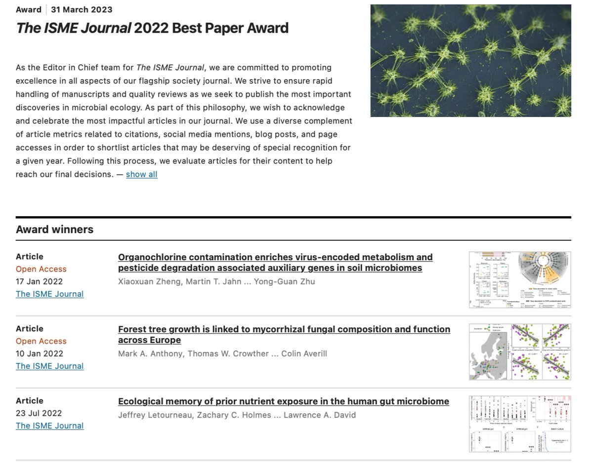 Crowther Lab (@crowtherlab) on Twitter photo Last year, we published a paper on how the fungal microbiome is linked to a threefold variation in tree growth rates across Europe. We're happy to see that it's won <a href="/ISMEJournal/">The ISME Journal</a>'s 2022 Best Paper Award! 🎉 Congrats to all authors & the other winners 👏
nature.com/collections/ae… Last year, we published a paper on how the fungal microbiome is linked to a threefold variation in tree growth rates across Europe. We're happy to see that it's won <a href="/ISMEJournal/">The ISME Journal</a>'s 2022 Best Paper Award! 🎉 Congrats to all authors & the other winners 👏
nature.com/collections/ae…
