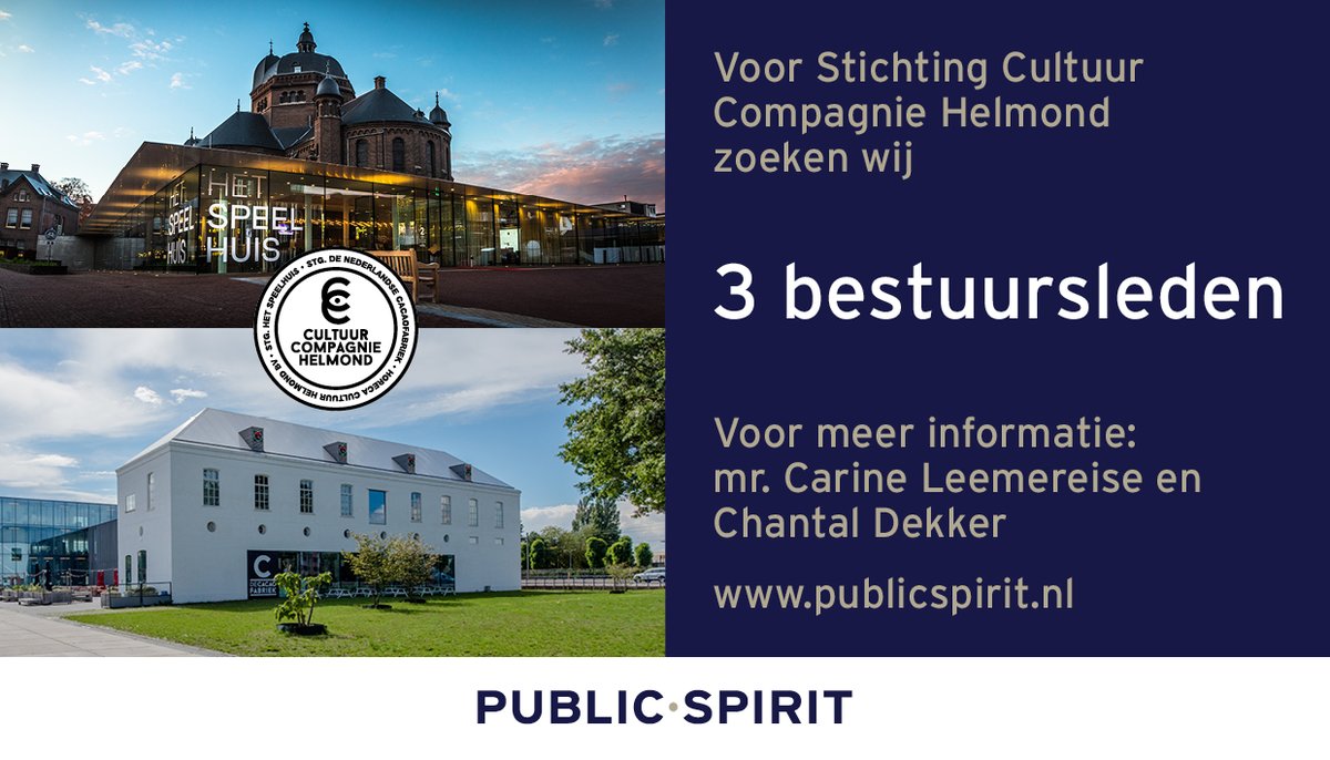 Voor Stichting Cultuur Compagnie Helmond zoeken wij drie bestuursleden.  Onder het bestuur van deze nieuwe culturele stichting vallen theater Het Speelhuis, Stichting de Nederlandse Cacaofabriek en een horeca BV. Meer info via: publicspirit.nl/2023/04/3-best…

#vacature #bestuurslid #CCH