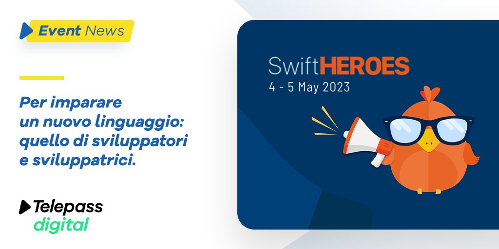 Sei uno sviluppatore o una sviluppatrice?
Non sei uno sviluppatore o una sviluppatrice?
In ogni caso, ci vediamo a #Torino per <a href="/swiftheroes_it/">Swift Heroes</a>, evento di cui siamo sponsor dedicato all’ecosistema #SWIFT: il linguaggio per creare #APP.

swiftheroes.com/2023/

#Telepass #Digital