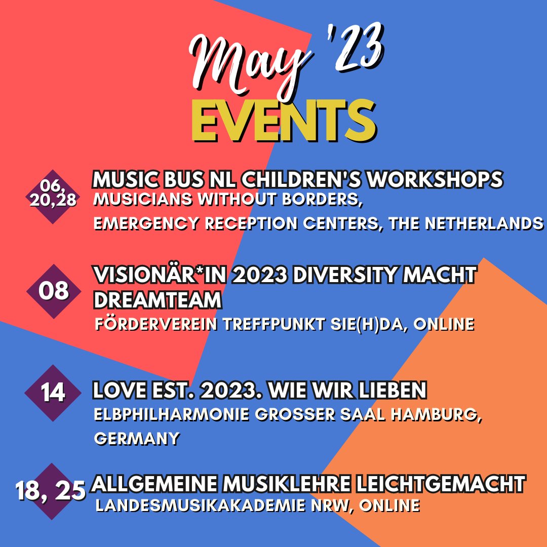 JuanDavidGarzon's tweet photo. Events in May 2023

#workshop
#training
#education
#skillshare
#livemusic
#concert
#music
#musician
#gig https://t.co/bbdR4KD9gU