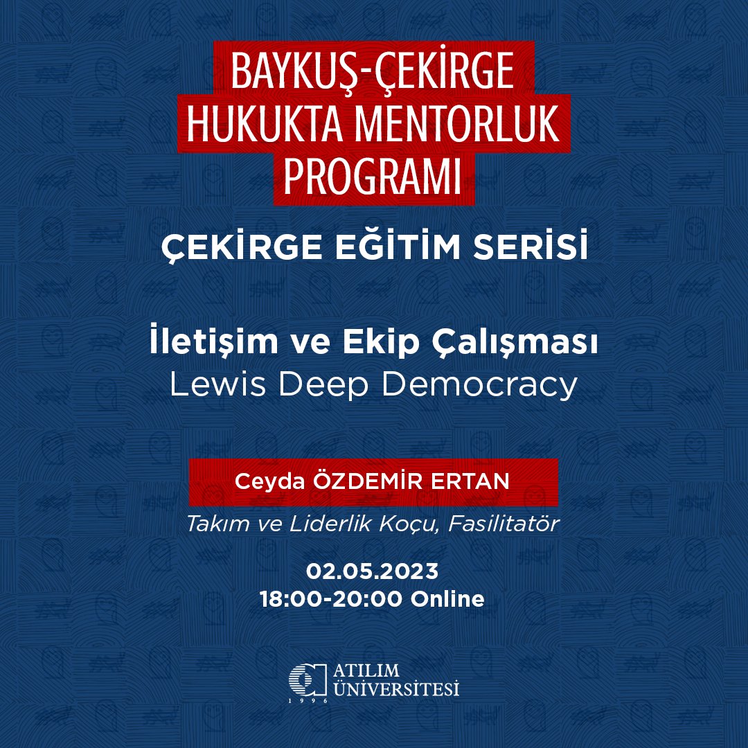 Zeynep Müftüoğlu (@zeynepmuftuoglu) on Twitter photo Üniversitemizin Kariyer Planlama Koordinatörü Selin Tefil ile birlikte yürüttüğümüz Baykuş Çekirge Hukukta Mentorluk Programı bünyesinde yer alan eğitim serisinde bu akşam Ceyda Özdemir Ertan çekirgelerimizle biraraya gelerek Iletisim ve Ekip Çalışmaşı anlatacak <a href="/atilimkariyer/">A.Ü. Kariyer Planlama ve Ortak Eğitim Koord.</a> Üniversitemizin Kariyer Planlama Koordinatörü Selin Tefil ile birlikte yürüttüğümüz Baykuş Çekirge Hukukta Mentorluk Programı bünyesinde yer alan eğitim serisinde bu akşam Ceyda Özdemir Ertan çekirgelerimizle biraraya gelerek Iletisim ve Ekip Çalışmaşı anlatacak <a href="/atilimkariyer/">A.Ü. Kariyer Planlama ve Ortak Eğitim Koord.</a>