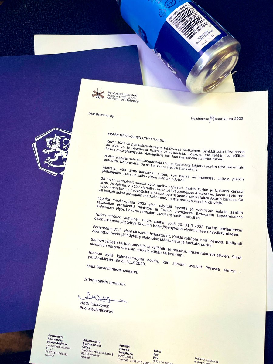 Erään OTAN-oluen tarina. Kiitos <a href="/anttikaikkonen/">Antti Kaikkonen</a> ja <a href="/KosonenHanna/">Hanna Kosonen</a> !
/ Letter from the Defence Minister of Finland. #otanolutta