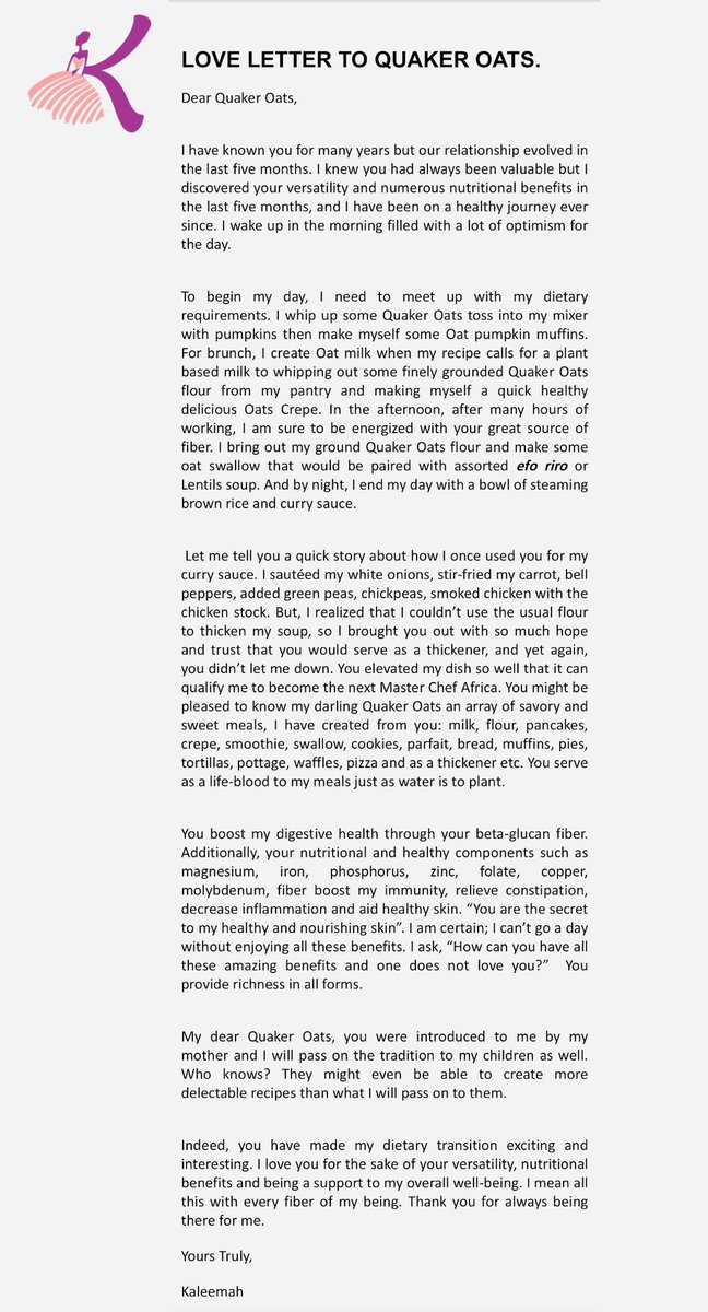 Kaleemaahf's tweet photo. The first product that came to mind was Quaker Oats and after reading this letter you will understand why. 
Kindly retweet.
@Quaker @conclaseacademy 
#conclaseacademy #conclaseacademystudent
#SQA #Designthinking #Quakeroats https://t.co/UEzYCWxN0D
