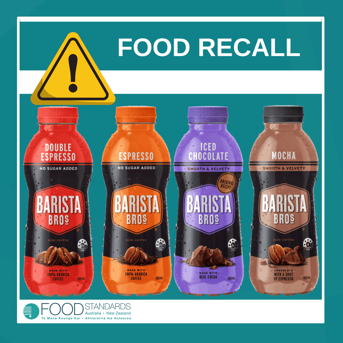 FSANZnews's tweet photo. FOOD RECALL: Coca-Cola Europacific is recalling Barista Bros Double Espresso, Iced Chocolate, Espresso and Mocha (500ml and 700ml bottles), best before 30 September 2023 onwards. 

More information: https://t.co/uIPE9NSApf https://t.co/fUSCbfKWZD