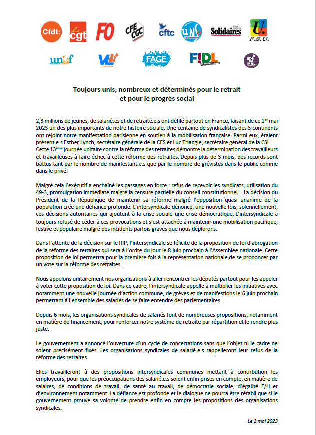 force_ouvriere's tweet photo. [#Communiqué intersyndical] Toujours unis, nombreux et déterminés pour le retrait et pour le progrès social.

 "2,3 millions de jeunes, de salarié.e.s et de retraité.e.s ont défilé partout en France, faisant de ce #1erMai2023 un des plus importants de notre histoire sociale". https://t.co/wbtLFKsi4A