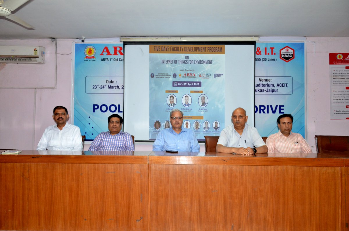aryacolleges's tweet image. Dept. of AI & DS, CSE and IT, #AryaCollege, Jaipur Organized 5 Day #FacultyDevelopmentProgram on '#InternetofThings for #Environment ' from 26th-30th April, 2023. In this FDP Experts discussed the different techniques for Environment Monitoring and pollution control using IoT.