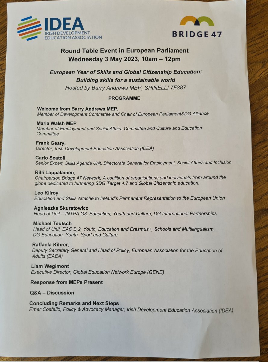 IDEA: Irish Development Education Association (@ideaireland) on Twitter photo We're looking forward to our meeting in the <a href="/Europarl_EN/">European Parliament</a> tomorrow on the #EuropeanYearofSkills & #GCE Building Skills for a sustainable world. We have great range of speakers from Parliament, Commission & civil society.
Thanks to <a href="/BarryAndrewsMEP/">Barry Andrews MEP</a> <a href="/MariaWalshEU/">Maria Walsh MEP</a> for your support We're looking forward to our meeting in the <a href="/Europarl_EN/">European Parliament</a> tomorrow on the #EuropeanYearofSkills & #GCE Building Skills for a sustainable world. We have great range of speakers from Parliament, Commission & civil society.
Thanks to <a href="/BarryAndrewsMEP/">Barry Andrews MEP</a> <a href="/MariaWalshEU/">Maria Walsh MEP</a> for your support