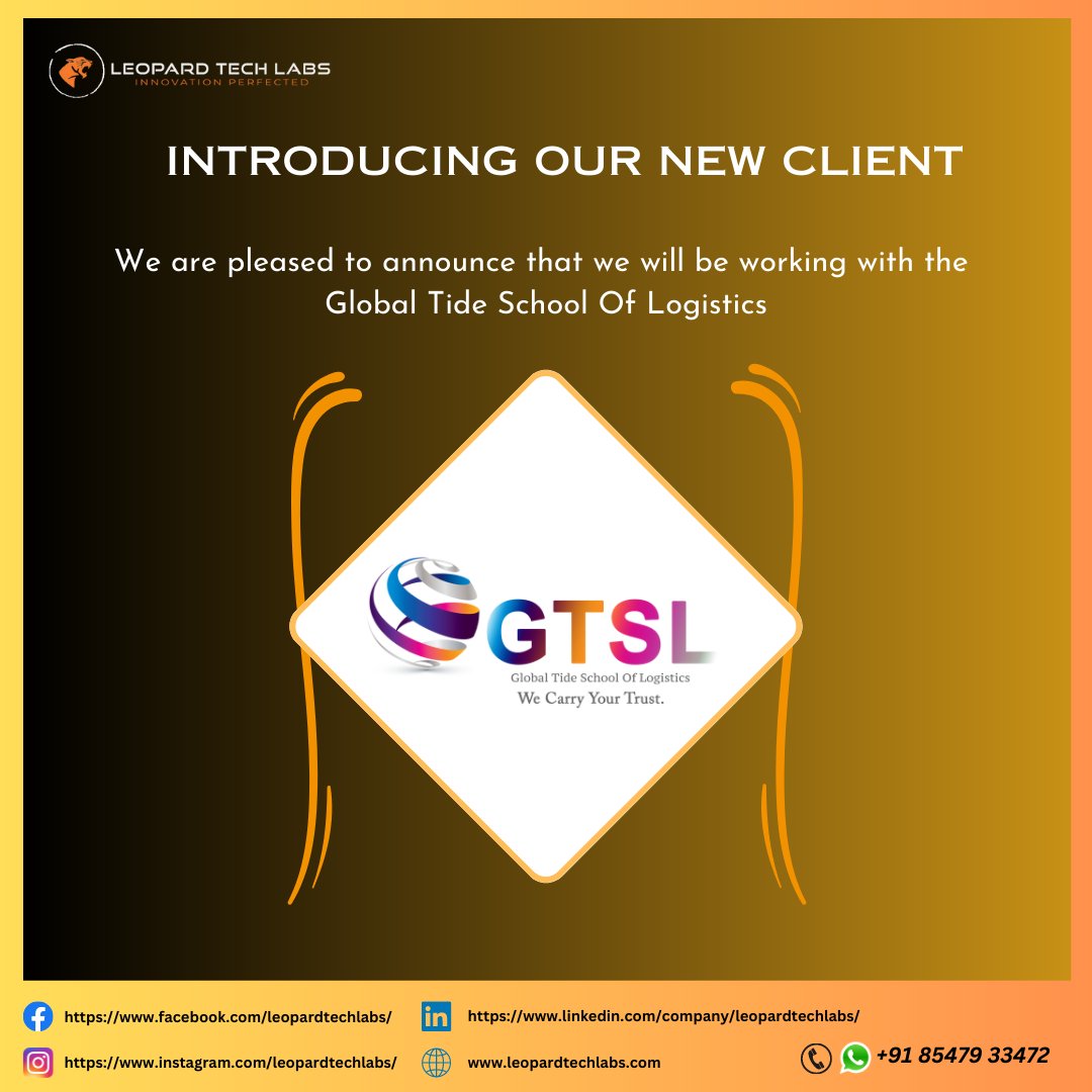 leopardtechlabs's tweet photo. We are thrilled to announce that Global Tide School of Logistics has joined our #portfolio of esteemed #clients!

#NewClientAlert #Partnership #BusinessSuccess #Collaboration #gtsl #logistics #team #LeopardTechLabs #ITIndustry #ExcitingNews #conservation #conservationtechnology https://t.co/DFtS0ji6Vr