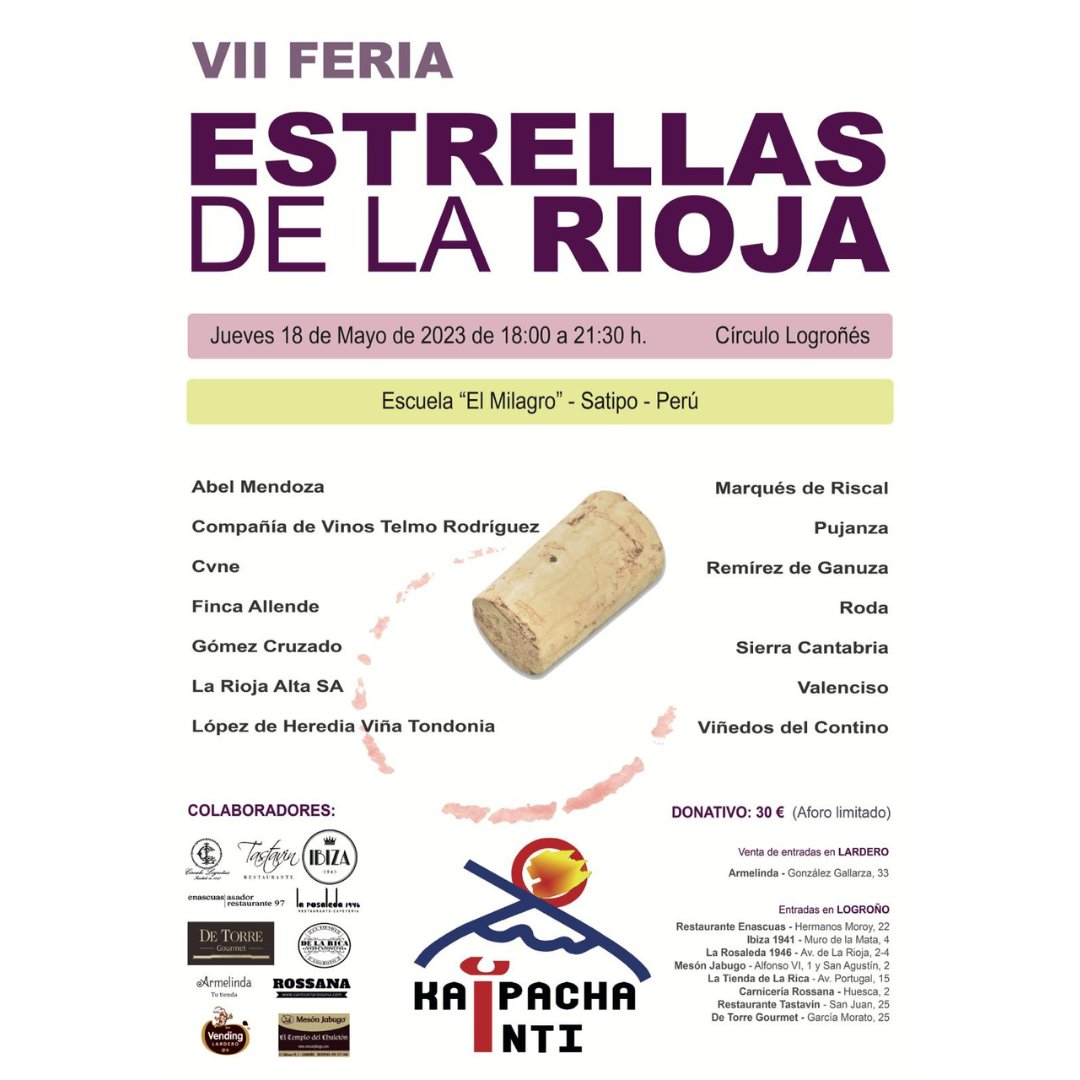 🍷✨   ¡Ya puedes conseguir tu entrada para la VII Feria de las Estrellas que organiza Kaipacha Inti! 
¡La feria vuelve a lo grande después de 4 años!   
👏👏👏
📆  Será el 18 de mayo 
📍  En el Círculo Logroñés
 🕕  de 18:00 a 21:30h)
 
Te esperamos!!!
 👏👏👏