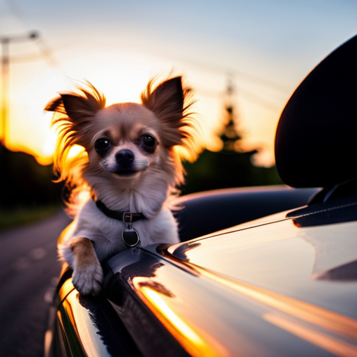 studiork's tweet photo. Long-coated Chihuahua and watching me from a car. The sun is setting a little and the sunset is behind us. #dreamstudio #dreamstudioai #aiart #stablediffusion #stablediffusionart https://t.co/sX8OpCHm9m