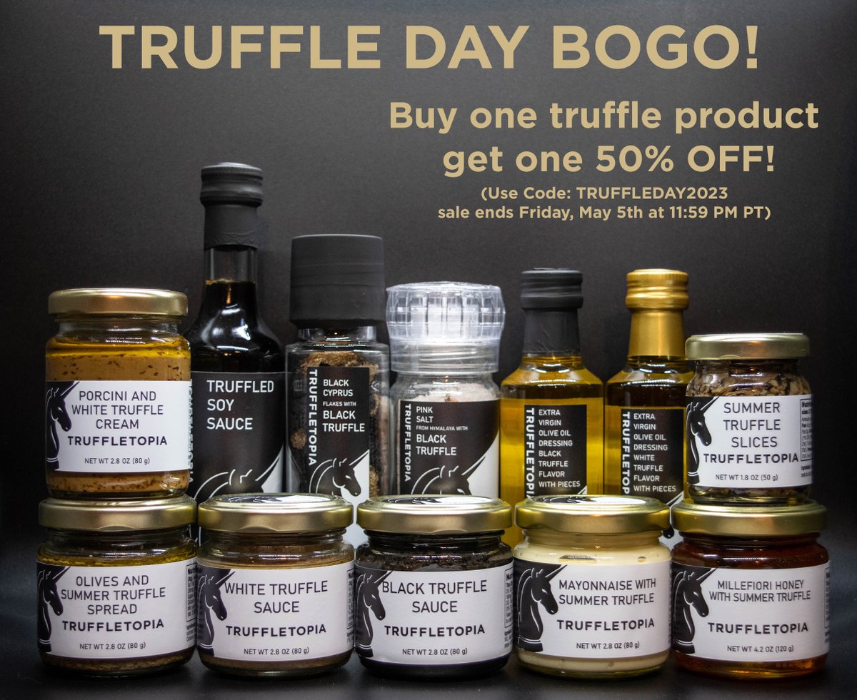 TruffletopiaNC's tweet photo. 🚨TRUFFLE DAY SALE!🚨

Buy One Get One on all truffle products. Now through Friday! 

#Truffletopia #TruffleSauce #TruffleOil #TruffleSalt #TruffleHoney #TruffleMayo https://t.co/Zf07iQkNGc